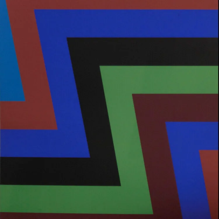 Untitled (Z Form Geometric Construction in blues, browns, black, and green)