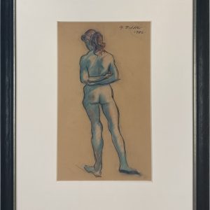 Untitled (drawing in blue of standing female nude, rear view)