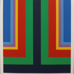 Untitled (T-Form Geometric Construction in blues, lavender, yellow, red, green, and black)